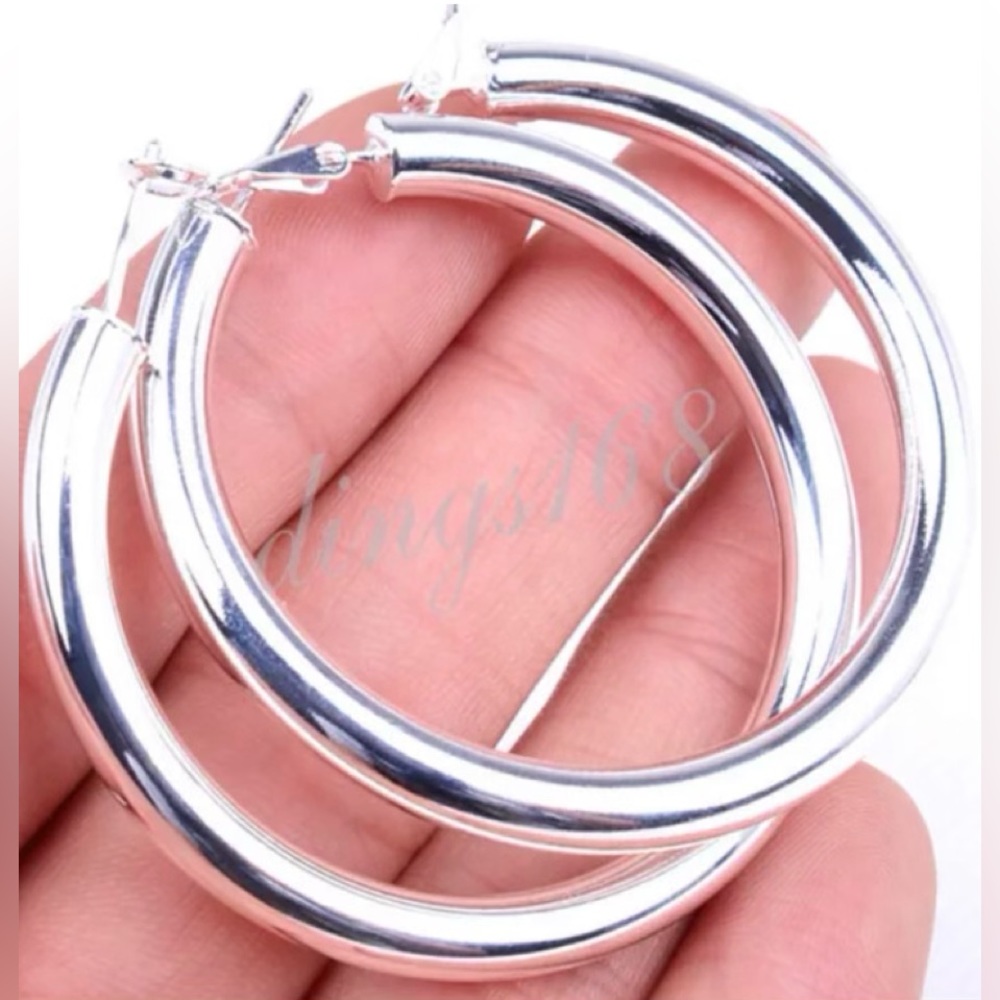 925 Sterling Silver thick round large 2β basic hoop earrings - Picture 3 of 5